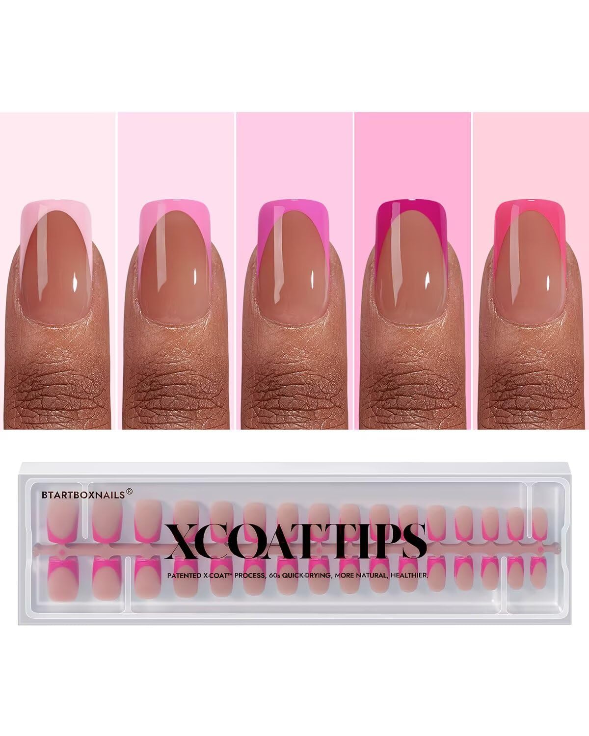 BTArtboxnails XCOATTIPS Press On Nails Short - 5 Pink Shades & 160PCS Square French Tip Nails, Soak Off Soft Gel Nail Tips Salon Quality Gel Nail Extensions in 16 Sizes