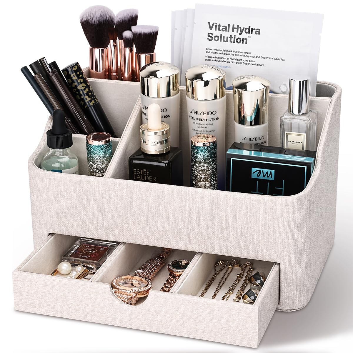 KINGFOM PU Leather Desk Organizer with Drawer, 5 Compartments Desktop Storage Caddy for Office & Home Supplies, Pen Holder for Remote Control, Phone & Accessories, Mail Organizer Countertop(Beige)