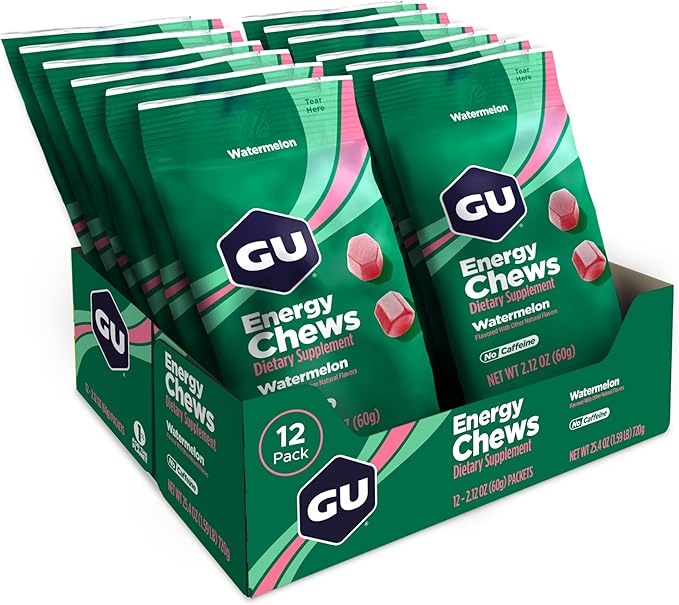 GU Energy Chews, Watermelon Energy Gummies with Electrolytes, Vegan, Gluten-Free, Kosher, Caffeine-Free, and Dairy-Free On-The-Go Energy for Any Workout, 12 Bags (24 Servings Total)