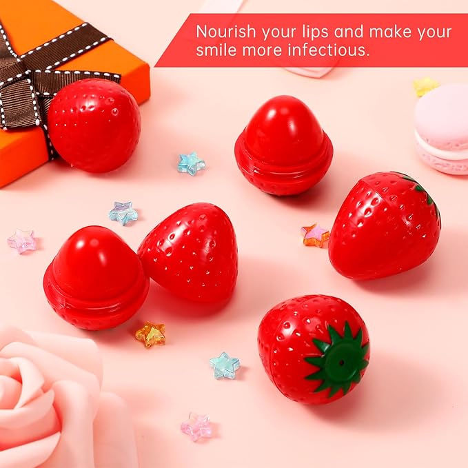 12 Pcs Cute Lip Balm Strawberry Wrinkle Repair Moisturizing and Plumping Lasting Hydrating Strawberry Shaped Lip Protector for Women Valentines Gift