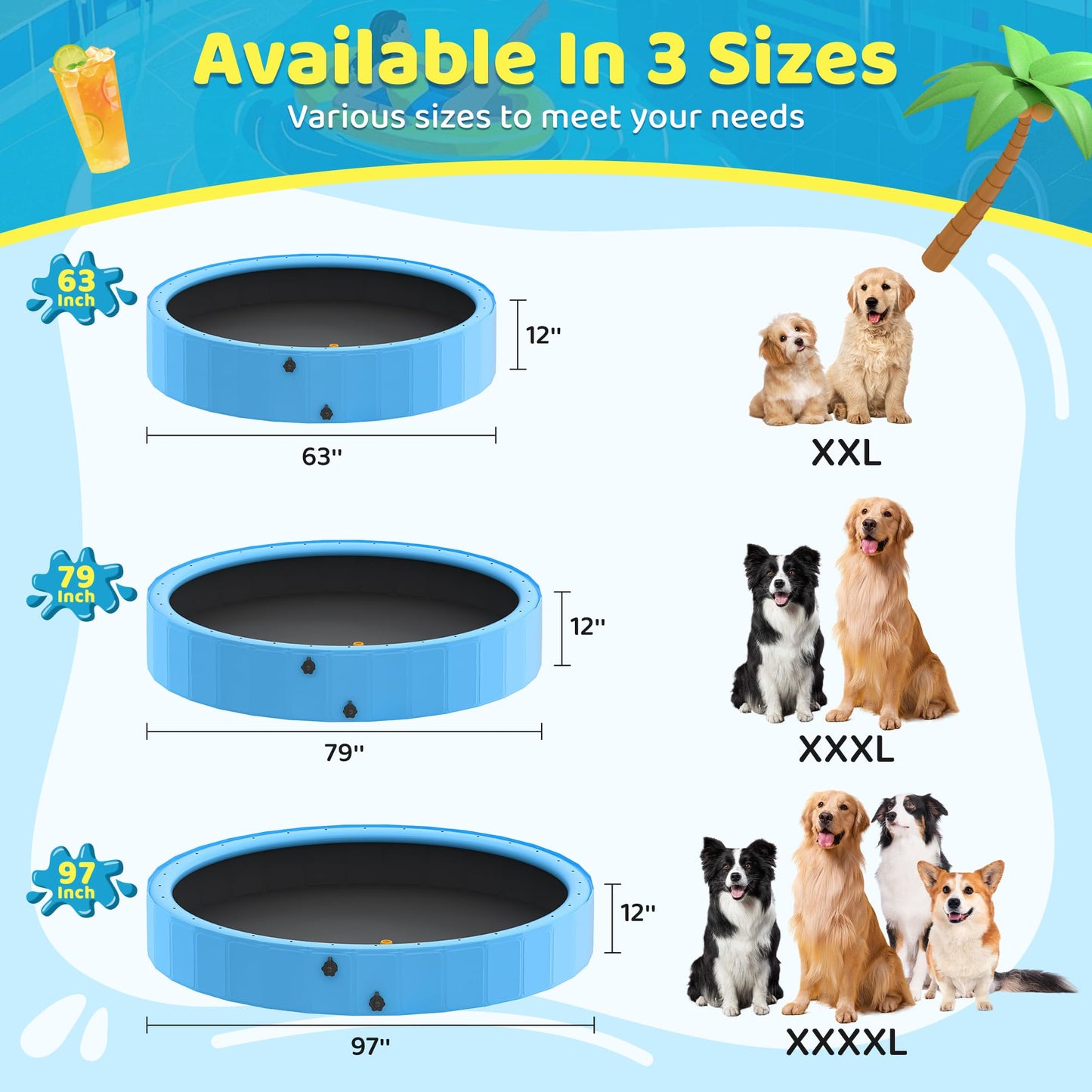 Raxurt Dog Pool with Sprinkler, 97'' Foldable Dog Pools for Large Dogs, 2-in-1 PVC Non Slip Pet Bathing Tub for Outdoor Backyard, Blue