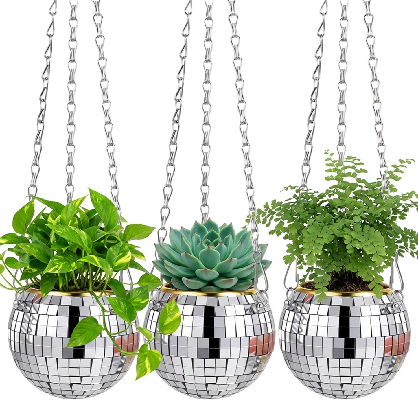 Ubamdom 3 Pcs Hanging Disco Ball Planter, Sliver Disco Mirror Ball Planter with Chain, Home Boho Hanging Planter for Indoor Outdoor Plants, 4Inch