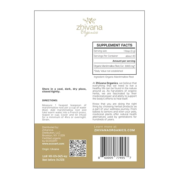Marshmallow Root Tea Organic (4oz.) - Marshmellow Root Herb (Althea Officinalis) - Throat Tea - Great for Gut Lining, Digestion, Respiratory Health - Blood, Bones, Skin, Hair – 4 Ounces