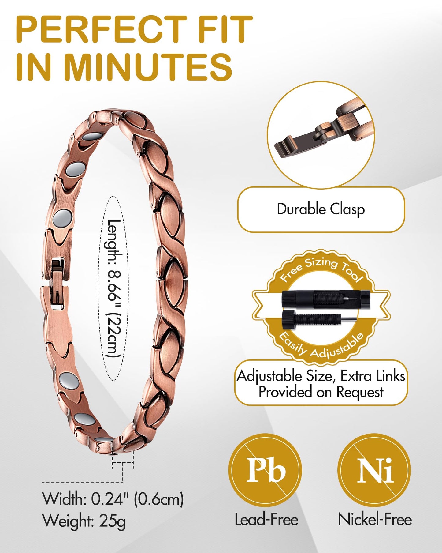 Feraco Copper Bracelet for Women Hand Forged 99.99% Solid Pure Copper Magnetic Wristband with Pro Neodymium Magnets (X Shape with Ring)