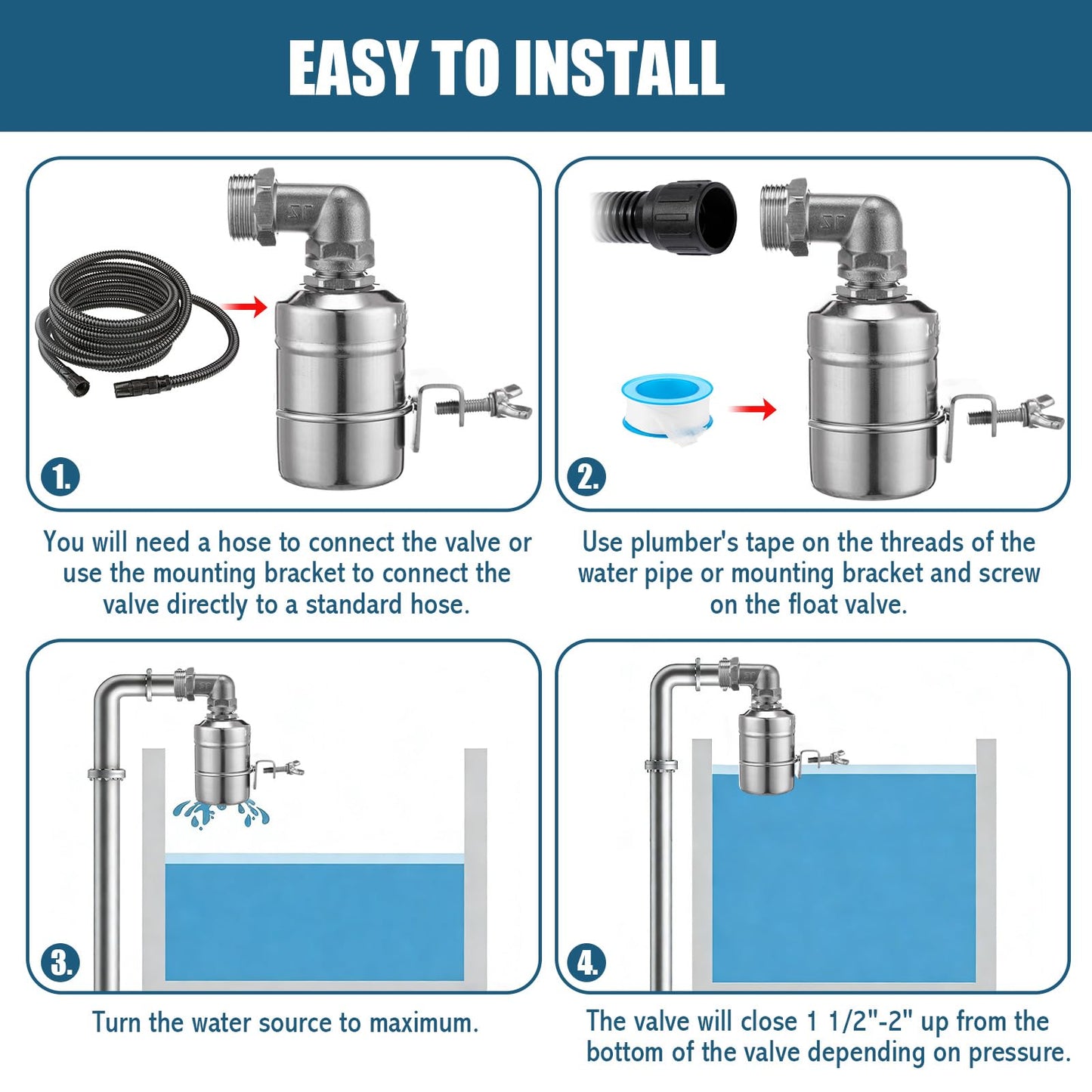 MorningRo 4 Pack Water Float Valve 1/2" to 3/4'' Auto Shut off Water Tank Float Valve 304 Stainless Steel Fully Automatic Level Control for Pool, Livestock Troughs (Regular Style)