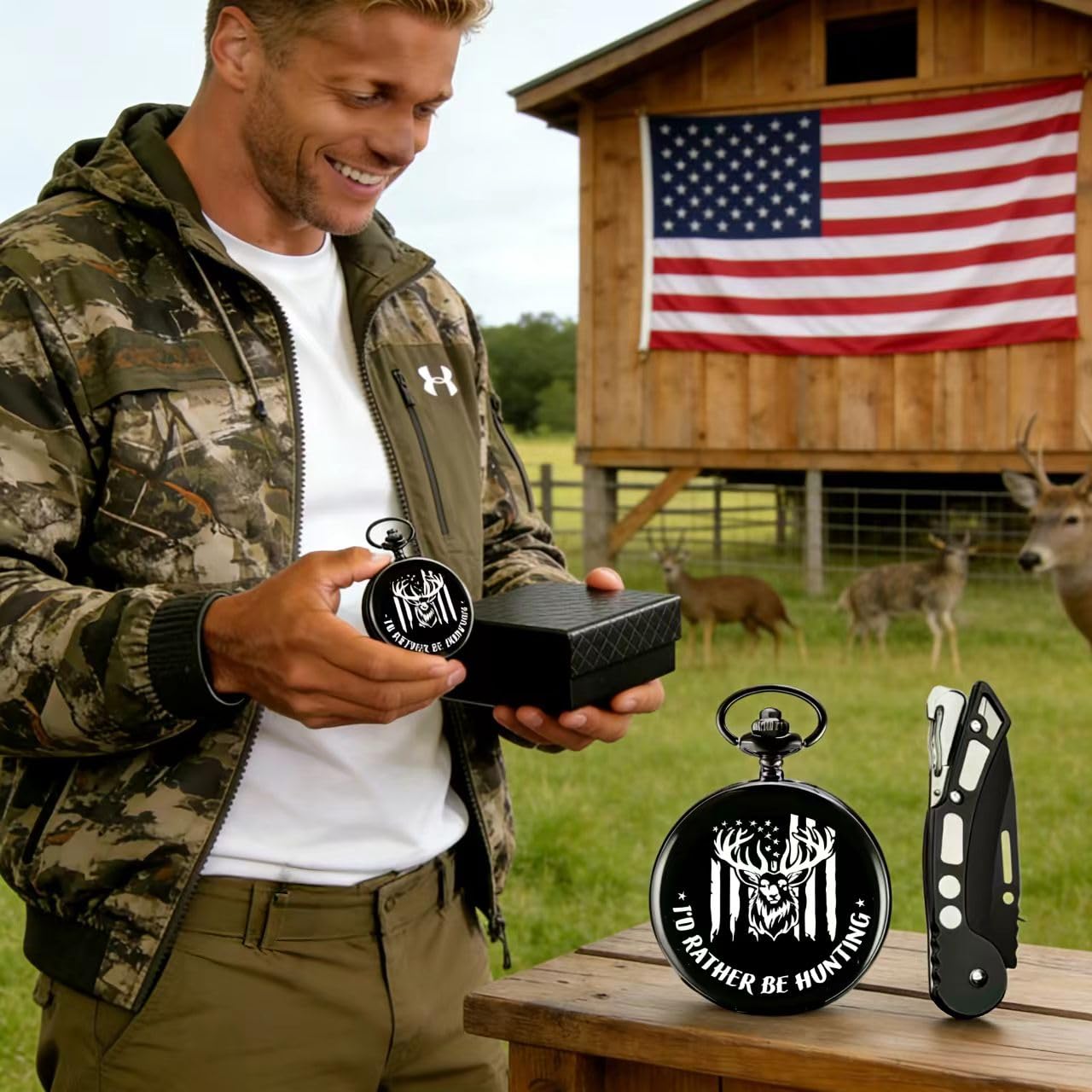 Udaney Hunter Gifts Set for Men - Classic Pocket Watch and Multi-Tool Knife, Unique Gifts for Hunters and Outdoorsmen, Commemorative Hunting Keepsake with Elegant Gift Box