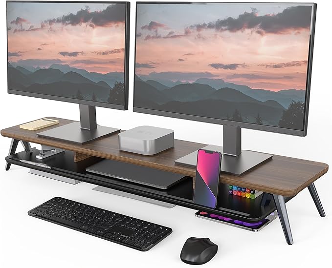 Fenge Dual Monitor Stand, Monitor Stands Riser for 2 monitors, 42.5 Inch Wood Desk Shelf with Storage Organizer and Cable Management for Office Desk Accessories