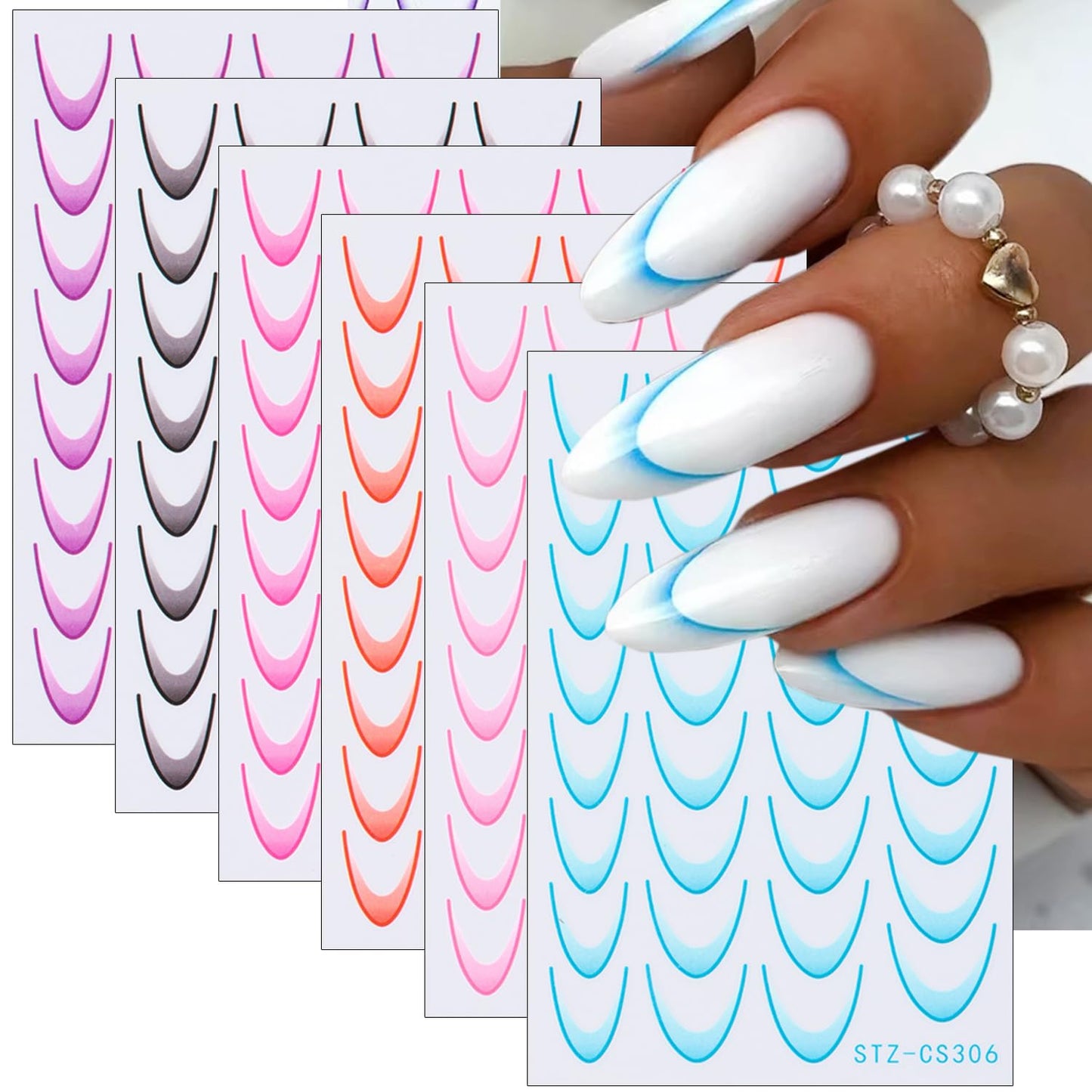 Gradient Colorful French Line Nail Art Stickers - 3D Self-Adhesive Tips Guides, Stripe Curved Lines Designs Transfer Decals for DIY Stencil Tools - 6Pcs