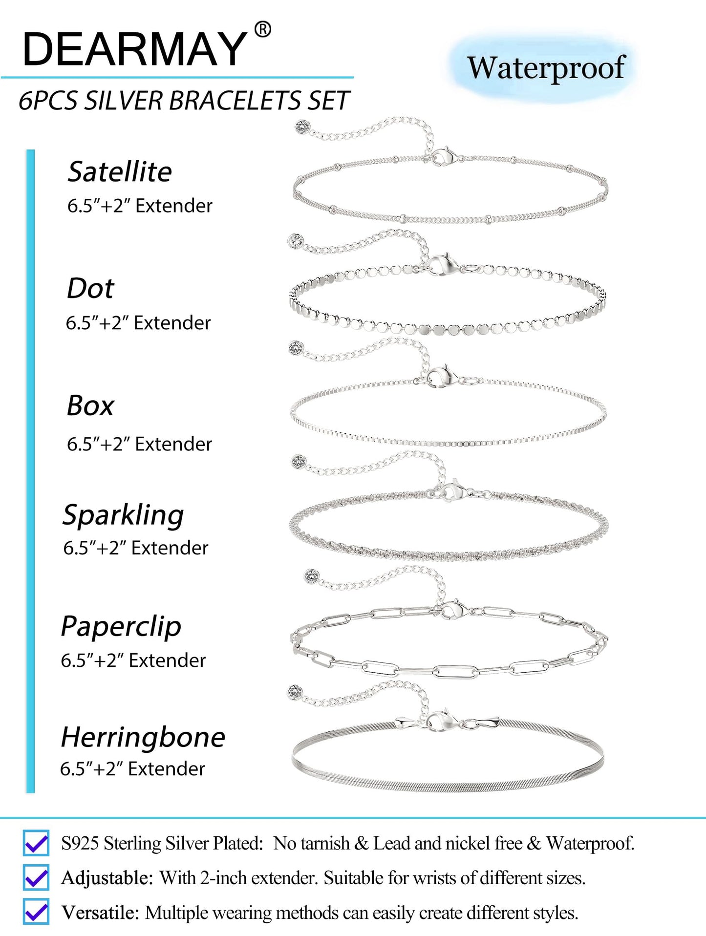 DEARMAY Silver Chain Bracelets for Women, Waterproof Silver Plated Jewelry Set Fashion Stackable Beaded Figaro Herringbone Link Bracelet Trendy Pack Stack Gifts for Women
