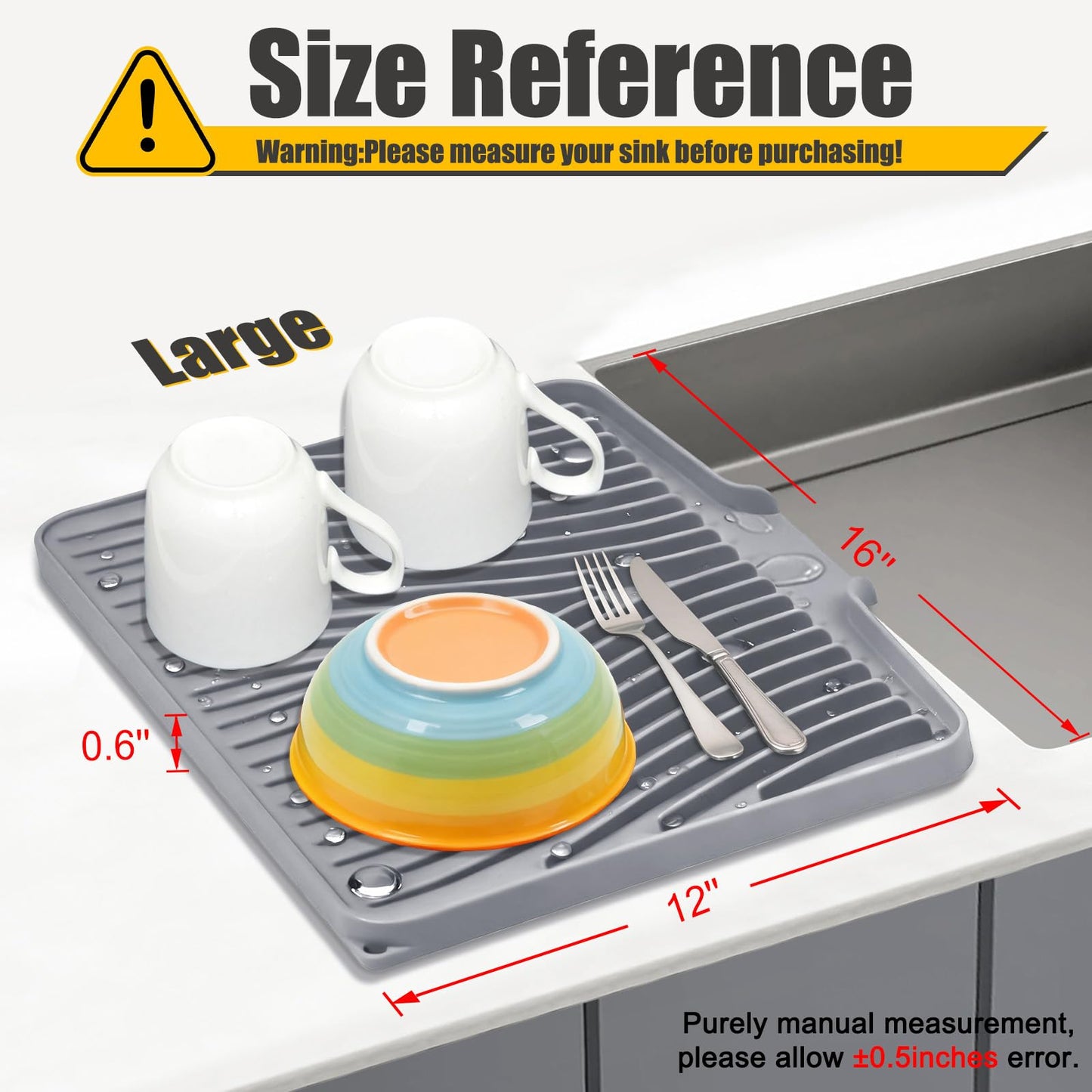 TIKNIK Silicone Dish Drying Mat, Stone Drying Mat for Kitchen Counter with Built-In Drain, Non-Slip Drain Pad with Built-in Drain, Heat Resistant Stone Drying Mat, Hangable, Grey-1pcs, 16" x 12"