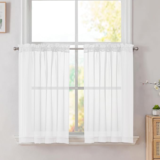 Simplebrand White Short Sheer Kitchen Cafe Curtains 36-42 Inch, Tier Rod Pocket, Half Window, Bathroom, 2 Panels