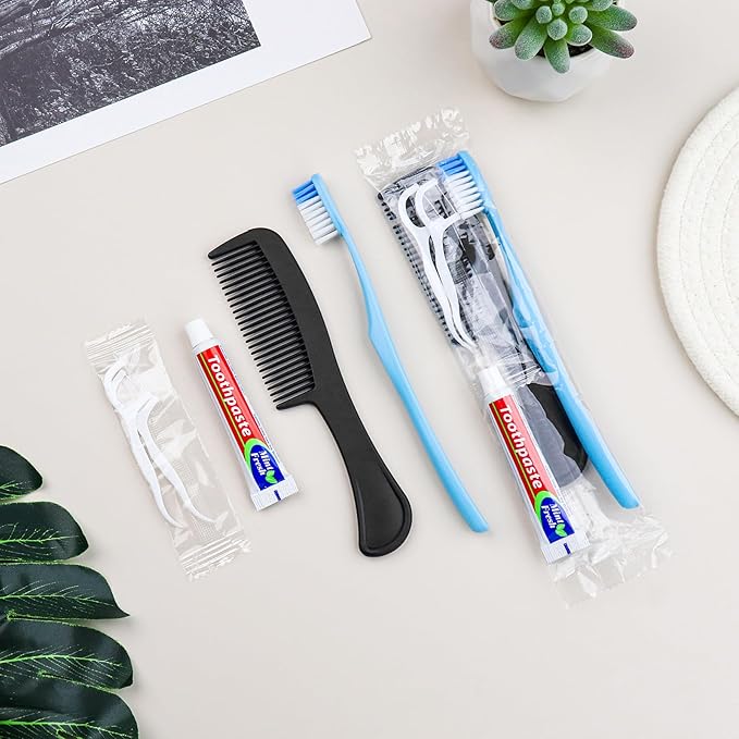 100 Sets Disposable Toothbrushes with Toothpaste Floss Comb Individually Wrapped, Disposable Toothbrush Bulk, 10g Toothpaste,Dental Floss,6in Comb Bulk Toothbrush Kit for Homeless,Airbnb,Hotel