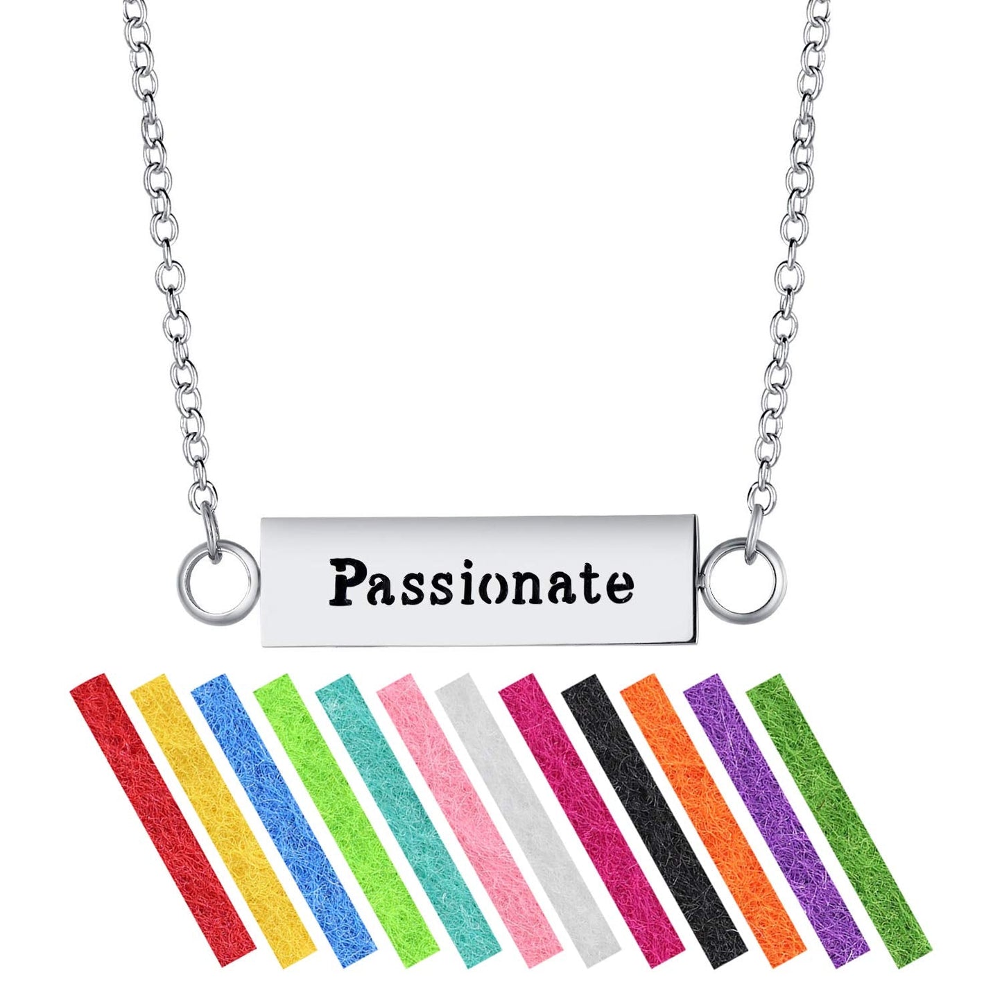 Wild Essentials "Passionate" Essential Oil Diffuser Bar Necklace Gift Set - Includes Aromatherapy Pendant, 24" Stainless Steel Chain, 12 Color Refill Pads