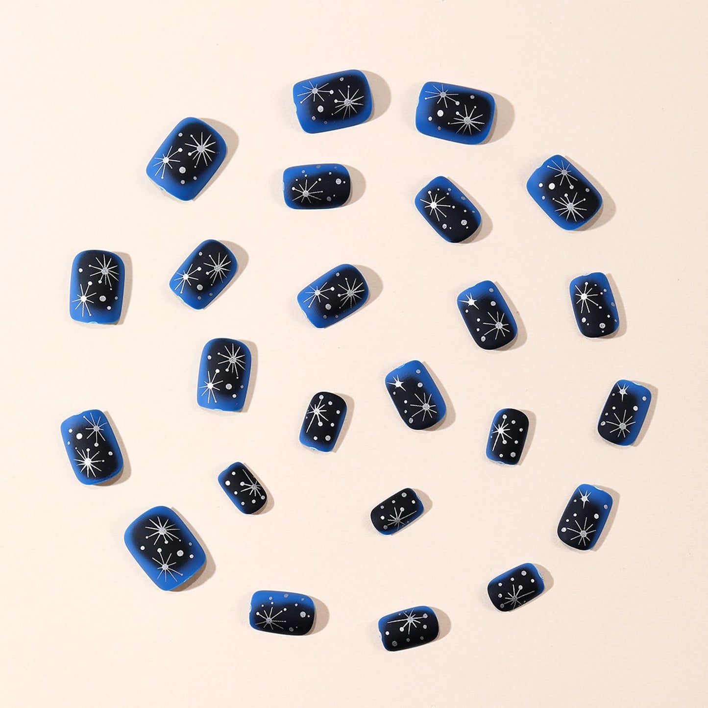 Short Press on Nails Square Fake Nails Navy Blue Starry Sky Acrylic Nail Press ons with Polka Dot Stars Design Reusable Artificial Nails Full Cover Stick on Nails for Women Manicure 24Pcs