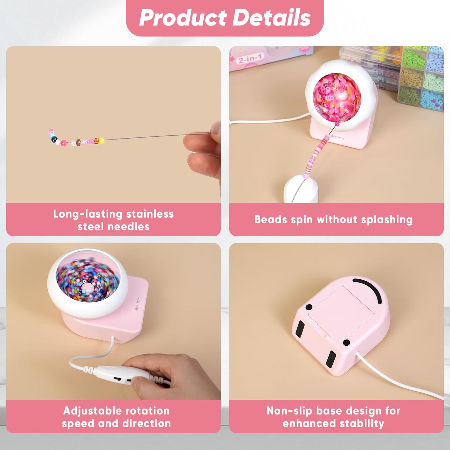Myartype Clay Bead Spinner and Seed Bead Spinner, 2-in-1 Electric Bead Spinner for Jewelry Making, Bracelet Spinner and Necklace Making Machine with Needles and Thread (Pink), (Beads Not Included)