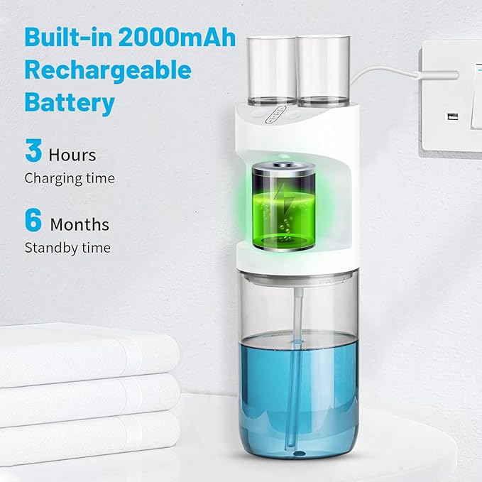 Automatic Mouthwash Dispenser, 19.35oz Touchless Electric Wall-Mounted & Countertop, Rechargeable Mouth Wash Dispensers for Bathroom with Magnetic Cups for Kids & Adults, White
