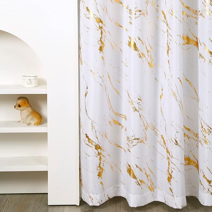 Taisier Home Gold Foil Print Linen Textured Curtains - Geometric Marble Pattern Design for Living Room - Thermal Insulated Window Treatment, 2 Panels, 84" L, Off White and Gold