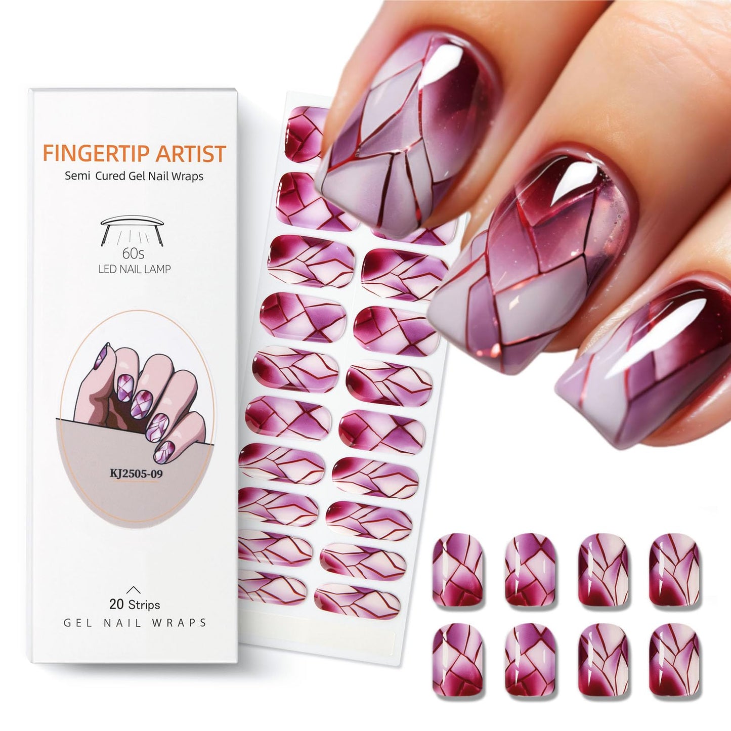 Semi Cured Gel Nail Strips with Red Broken Glass Pattern Designs Gel Nail Strips Glossy Stickers Salon Quality & Easy to Use for Women 20 Pcs