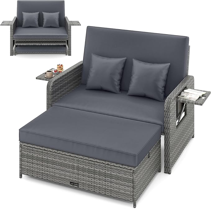 HAPPYGRILL Patio Rattan Wicker Daybed with Loveseat & Storage Ottoman, Outdoor Lounge Sofa Furniture Set with Adjustable Backrest & Side Trays, for Poolside Deck Porch Lawn (Mix Grey & Grey)