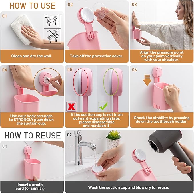 LEVERLOC Powerful Suction Cup Toothbrush Holder, Drill-Free Wall Shower Holder for Toothbrush, Toothpaste, Razor, Self-draining Kitchen Tableware Organizer, Removable Suction Cup in Shower, Pink