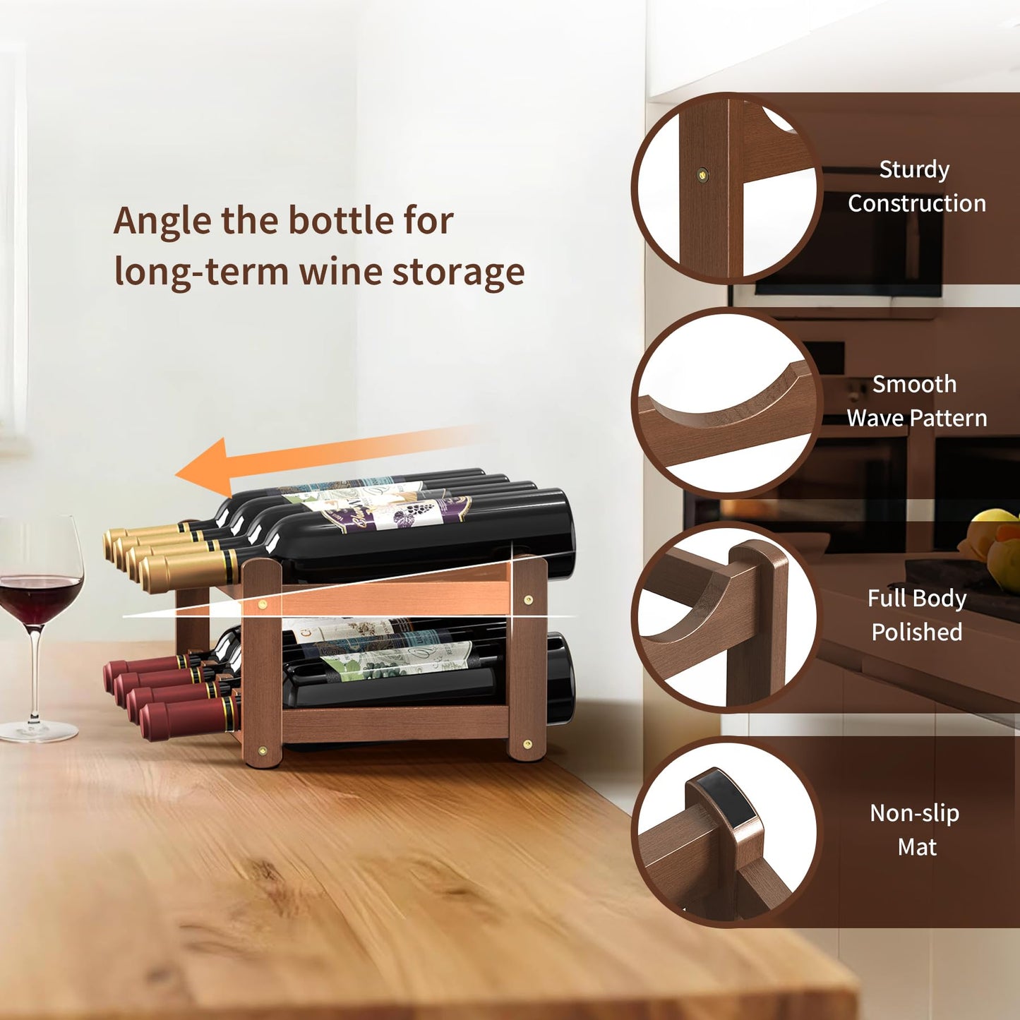 CAMOAT Wine Rack |Open & 2-Tier Bamboo Wine Holder| Freestanding Floor & Countertop Wine Display-Space-Saving Wooden Wine Storage Shelf for Kitchen, Cabinets,Bar & Dining Room(1, 2-Tiers)