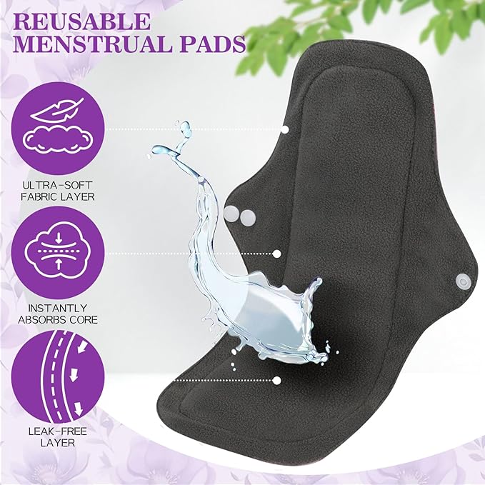 PHOGARY Reusable Menstrual Pads, Washable Overnight Cloth Panty Liners, 7pcs Bamboo Cloth Large Sanitary Pads for Heavy Flow with 1pc Wet Bag