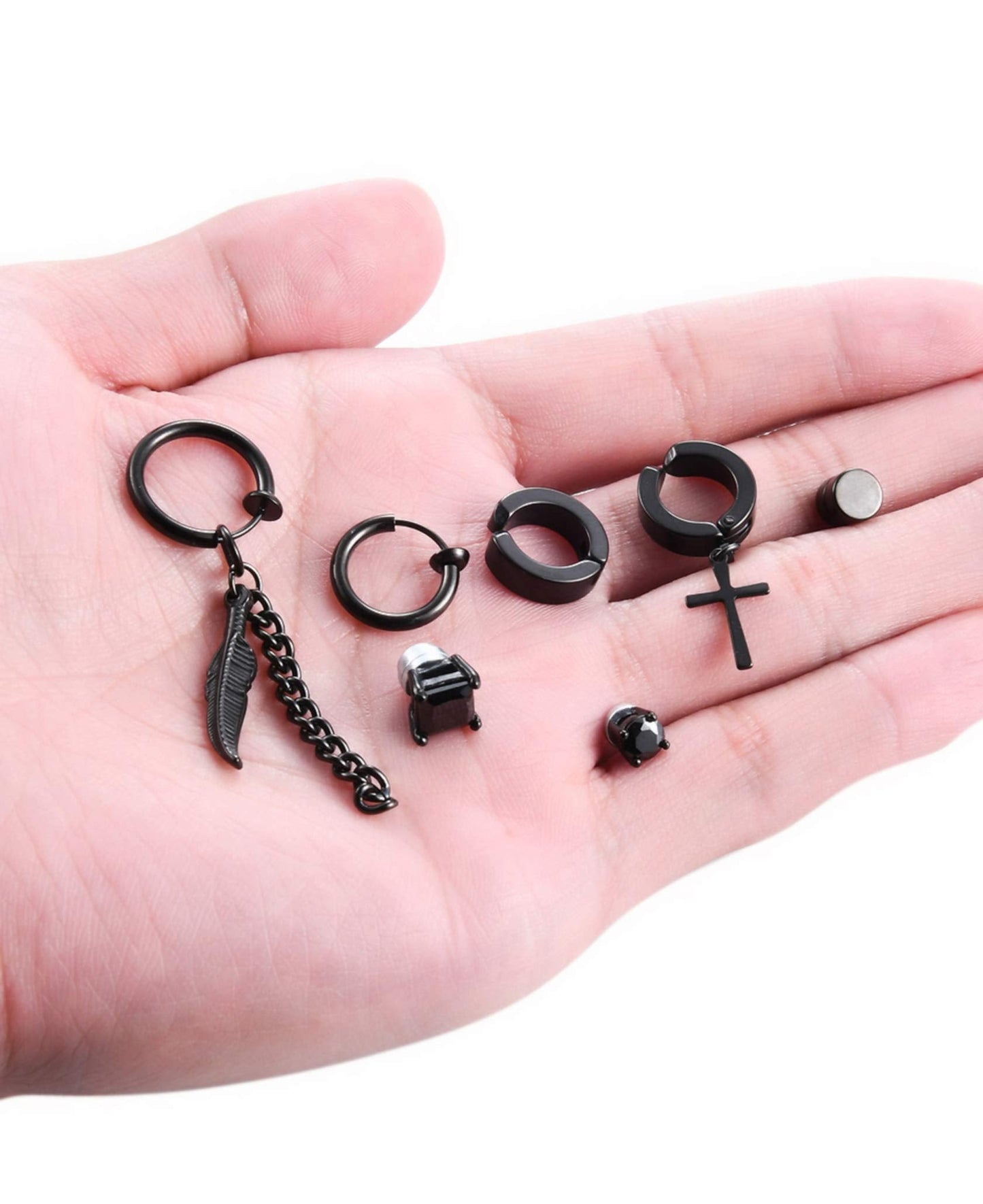 Ofeiyaa 7 Pairs Magnetic Stud Earrings Stainless Steel CZ Clip On Earring Non-Piercing Huggie Hoop Earring Chain Feather Pendant Drop Dangle Earrings Set For Women Men Black Silver Tone