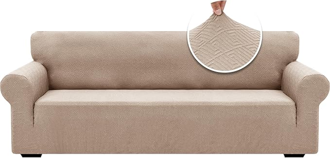 XINEAGE 2026 New Extra Large Couch Cover for 3 Cushion Couch (91"-110") 1 Piece Stretch Oversized Sofa Slipcovers Jacquard 4 Seater Furniture Protector Elastic Bottom for Kids,Pet (XL Sofa, Khaki)