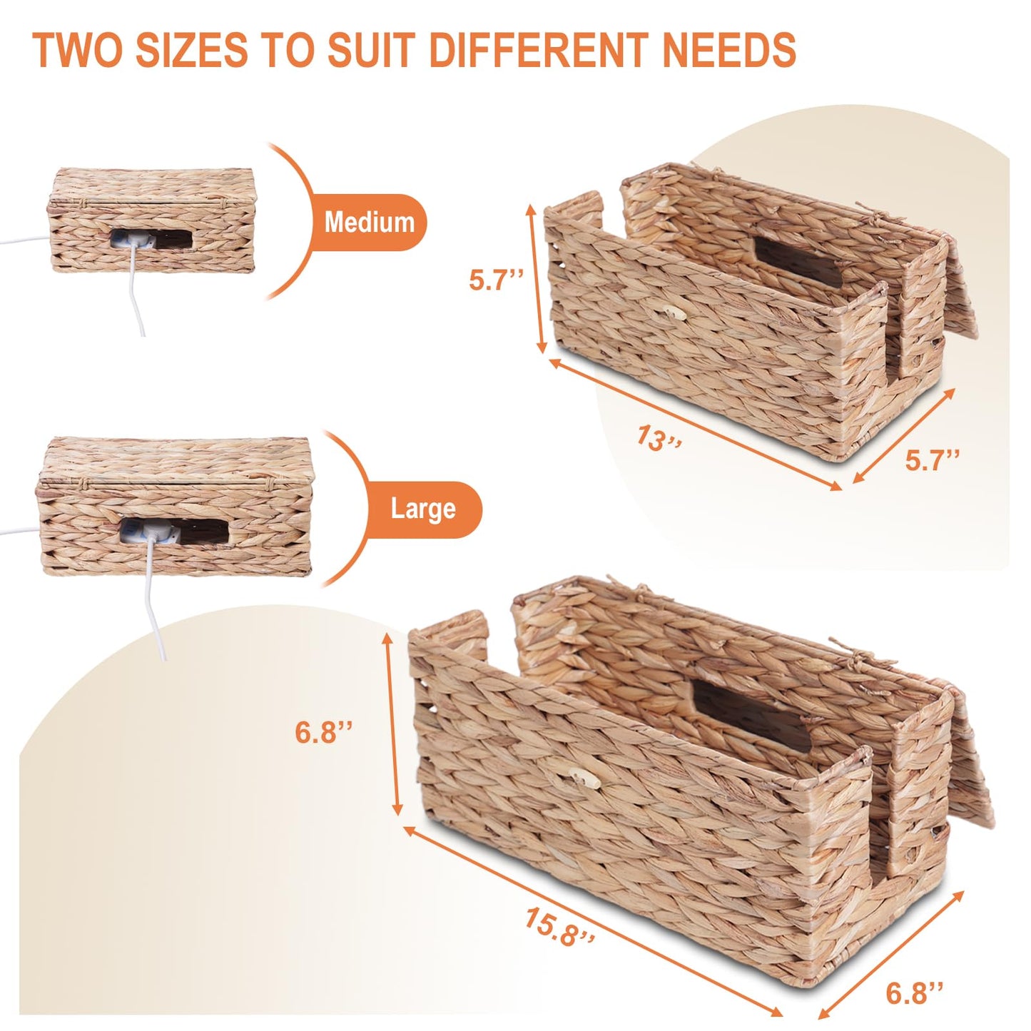 KWEEHAWTI Cable Management Box, Cord Hider Organizer Box with Lid 2-Pack,2 Side Open Slots Handwoven Water Hyacinth Storage Box for Power Strips, Floor, Desk, Office