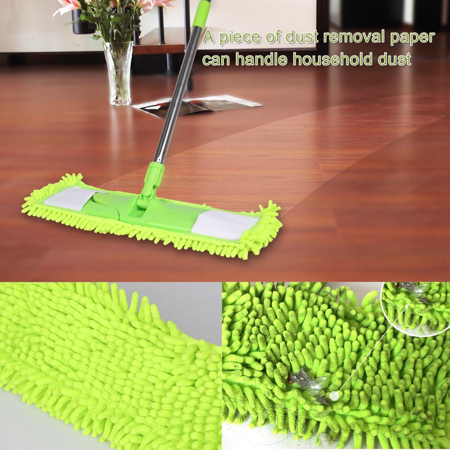 Dust Mop for Floor Cleaning with 2 Washable Chenille Pads and Extendable 58” Long Handle, Dry Wet Flat Mop with Scouring Pad for Hardwood, Laminate, Tile, Marble (Green)