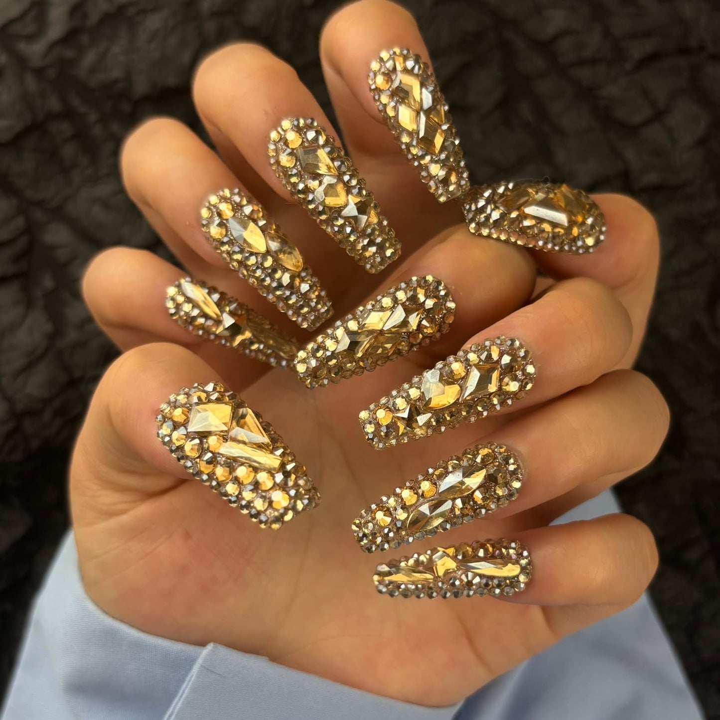 AKA Unicorn Trendy Handmade Press On Nails Long Square Shape,10Pcs Shimmery Large Acrylic Fake Nails with 3D Champagne Rhinestone Luxury Design Stick On Nail for Woman Gift