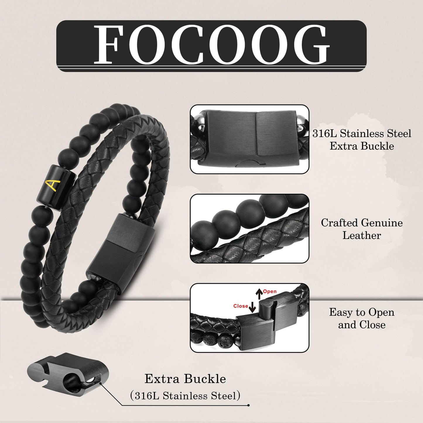 FOCOOG Mens Leather Bracelet with Initial - Black Matte Agate Bead Bracelet