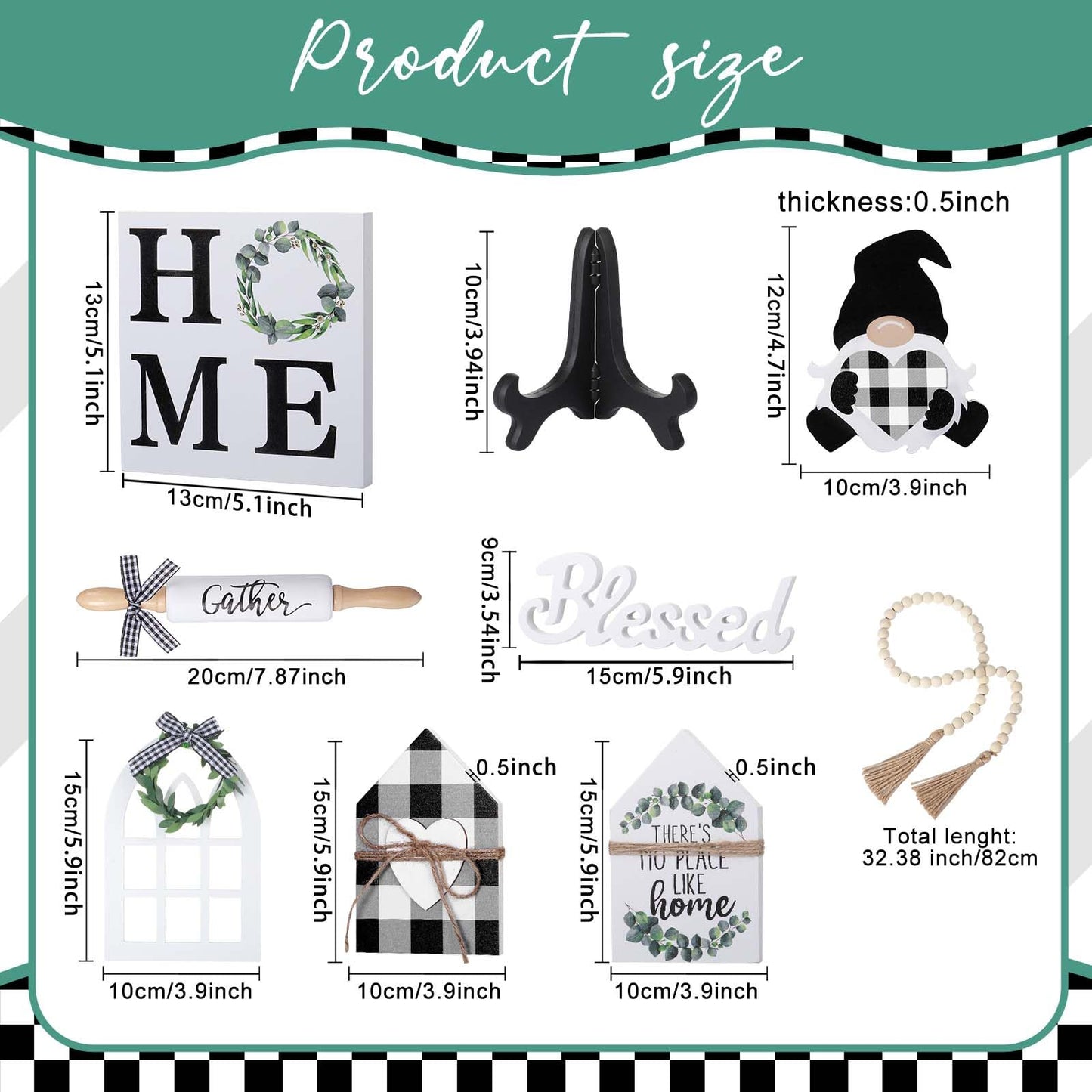 Yalikop 10 Pcs Farmhouse Decor for Tiered Tray, Black White Buffalo Plaid Gnome Wooden Mini Sign Rustic Table Ornaments for Kitchen Table Decor, Housewarming Gift (Cute Style)