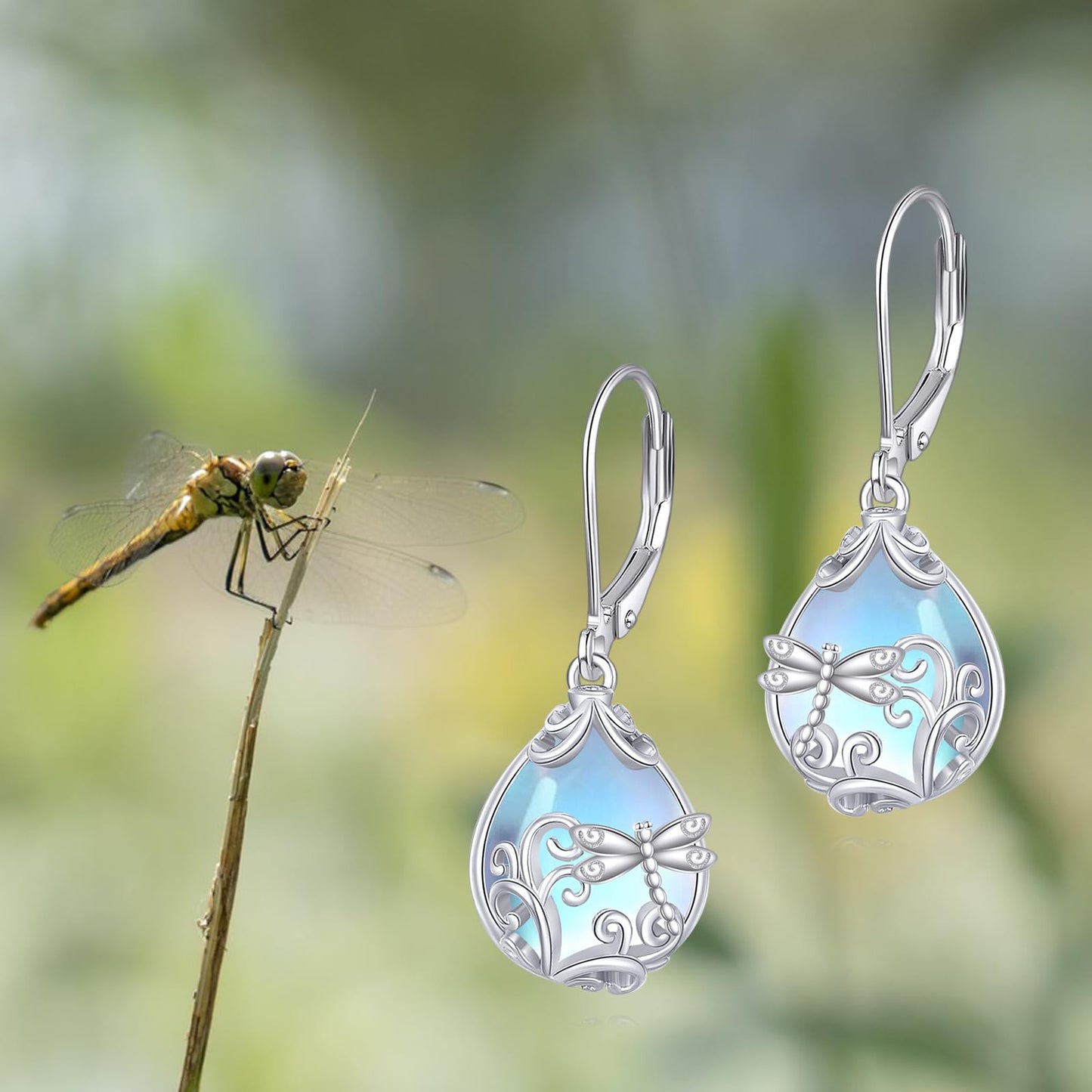 POPLYKE Moonstone Dragonfly Teardrop Drop Dangle Earrings Sterling Silver Leverback Earrings Moonstone Jewelry Gifts for Women