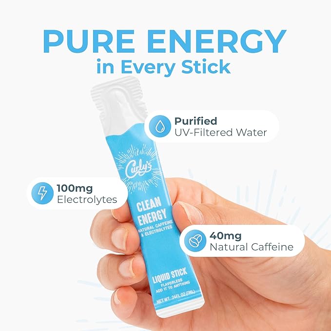 Curly's Clean Energy Caffeine & Electrolyte Sticks - Energize Your Favorite Drink - Keto, Paleo & Whole 30 Friendly - All Natural - No Sugar, No Calories, Non-GMO - 30 Flavorless Liquid Stick Packs
