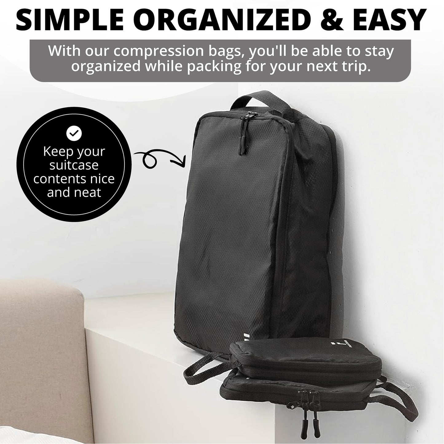 8 Piece Compression Packing Cubes Set - Double Capacity Design for Travel - Small, Medium & Large Sizes - Carry-On Suitcase Organizer Bags (Black)
