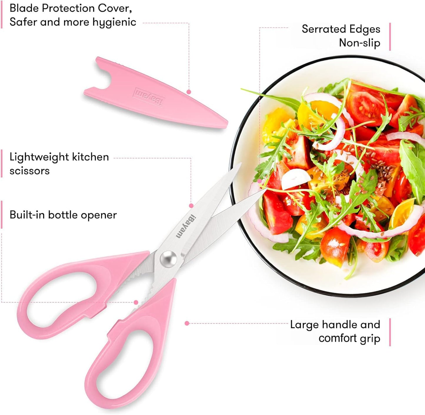 iBayam All Purpose 8.5" Cooking Scissors with Sheath, Pink Kitchen Gadgets for Women, Mom, Wife, Her