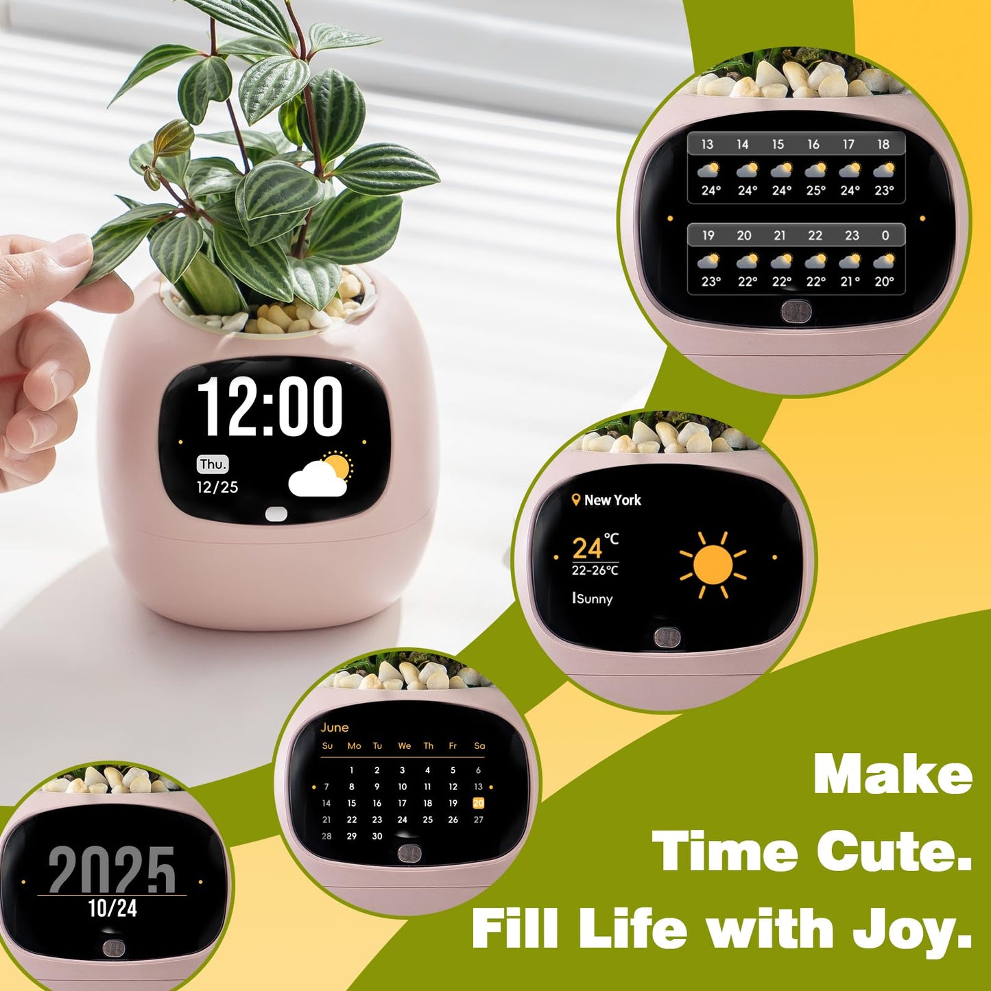 Smart Plant Pot with Visual Display – Soil Moisture, Water Level, Light & Battery Monitor, 80ml Self-Watering Reservoir, Supports 100+ Plants, Pomodoro Timer, Clock & Calendar-Pink