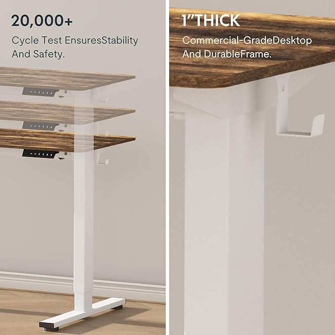 FLEXISPOT EN1 One-Piece Standing Desk, 48x24 Electric Sit Stand Desk for Home Office and Computer Workstation (White Frame + Rustic Top, 2 Packages)