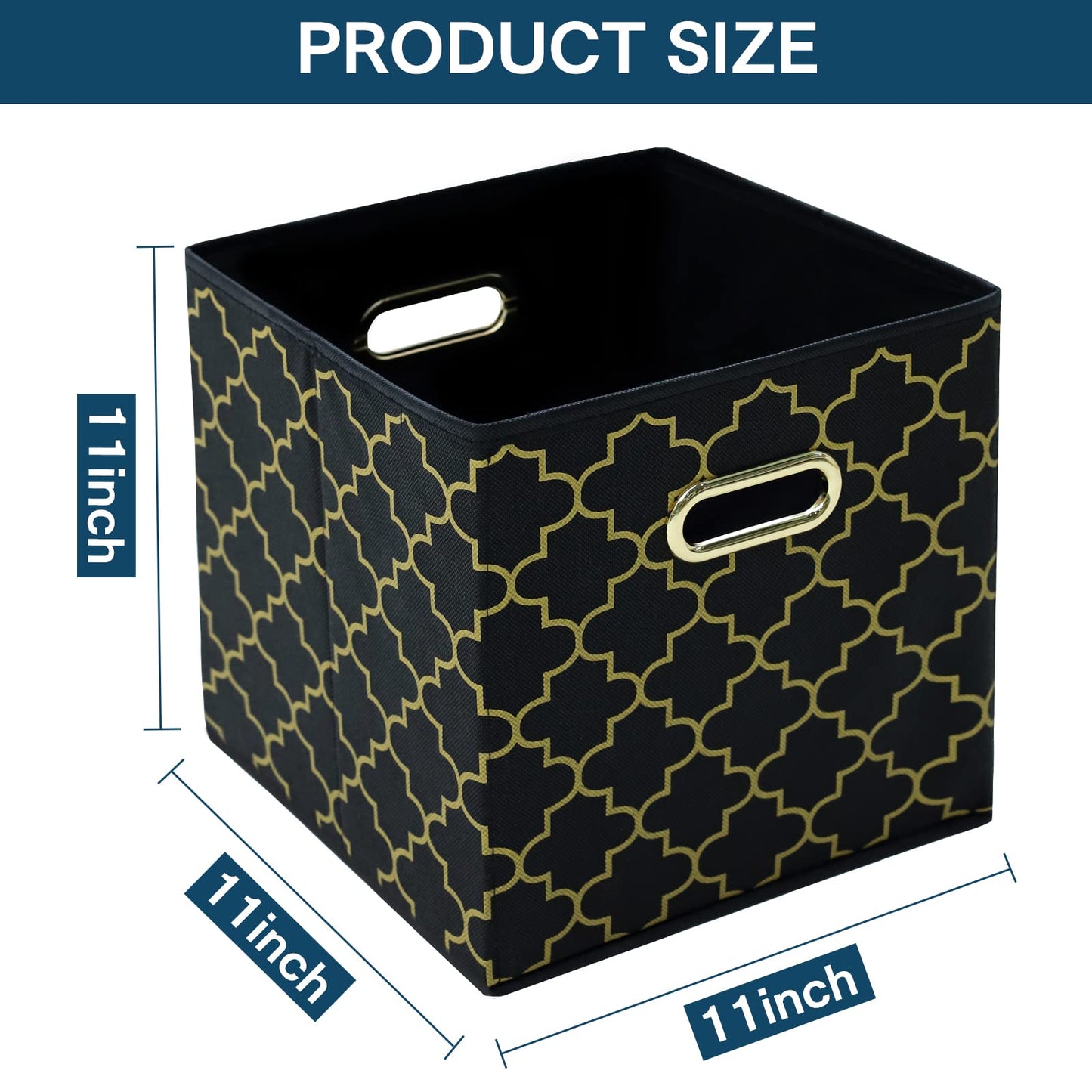 Yunkeeper Fabric storage bins Cubes, Fabric Cube Organizer with Handle, Foldable Cube Bins for Cloth or Accessary Storage, 11x11x11, Set of 3, (Black Gold)