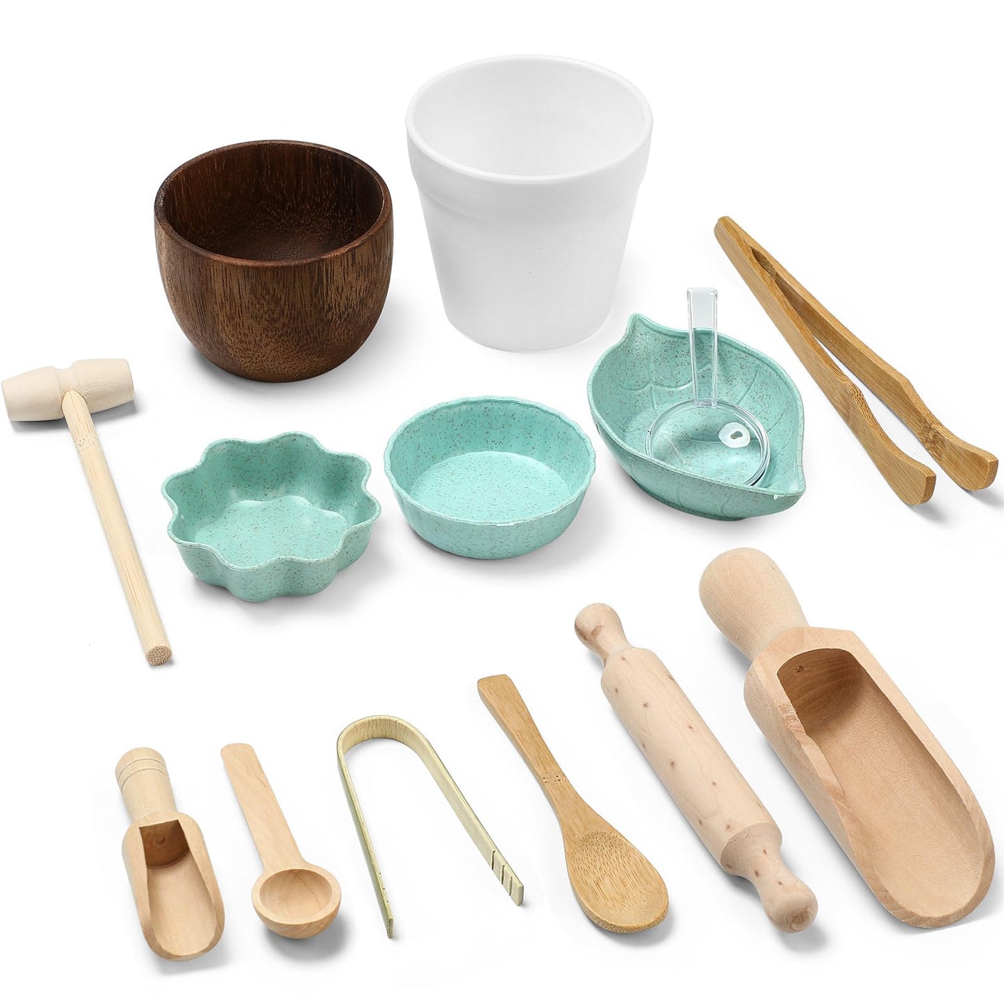 Tiangrid 14pcs Sensory Bin Tool Sensory Tools for Boys and Girls Fine Motor Skill Toys Wooden Tong Spoons Bowls Plate Hammer Magnifying Glass and Rolling Pin for Transfer Work and Fine Motor Learning