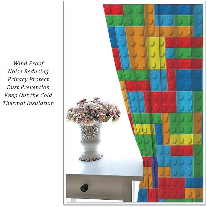 Colorful Building Block Toy Printed Curtains, Building Blocks, Curtains, Fun Brick 3D Design, Kids, Teens, Girls, Boys, Living Room, Bedroom, Window Treatment Panels, 2 Panels 63x72in