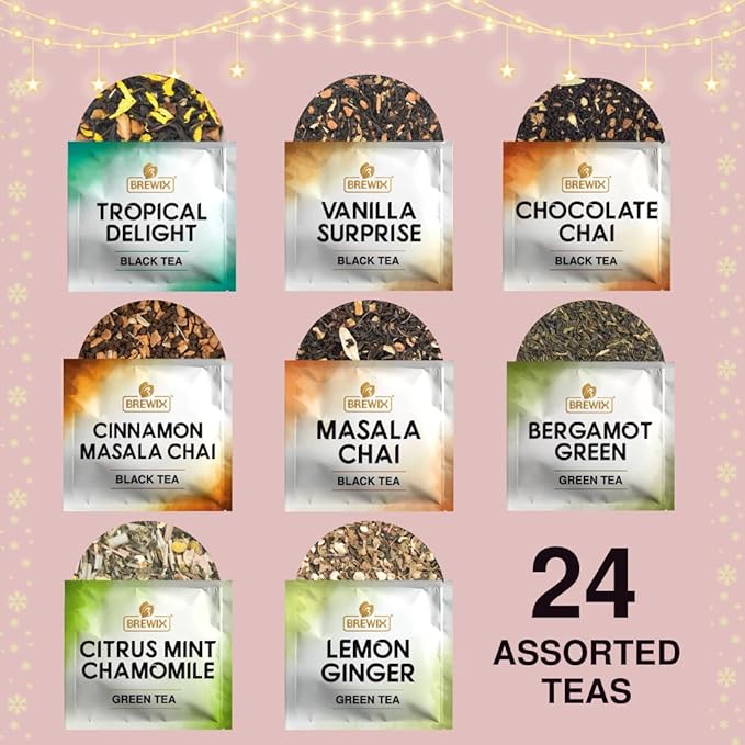 BREWIX, 2025 Advent Calendar Tea Bags | 24 Delightful Black & Green Tea Infusions in Pyramid Tea Bags - Holiday Gift Box | Christmas Gift Idea for Tea Lovers, Countdown Set | Holiday Variety Sampler for Tea Lovers