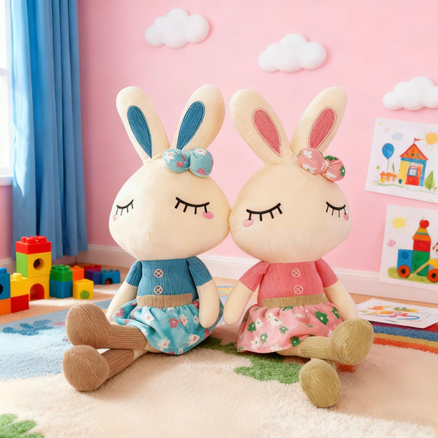 Set of 2 Easter Bunny Plush for Kids, 18.3" Easter Stuffed Animal, Big Rabbit Toys Cute Birthday Gifts for Boy Girl, Pink & Blue