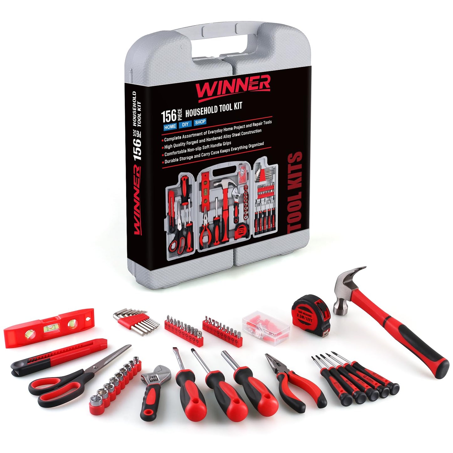 WINNER 156-Piece Delicate All-Purpose Home Tool Kit in Foldable Toolbox, Unisex | Complete and Essential Hand Tools Set for General House Repairs, Dorm, Apartments, Perfect Housewarming & Holiday Gift