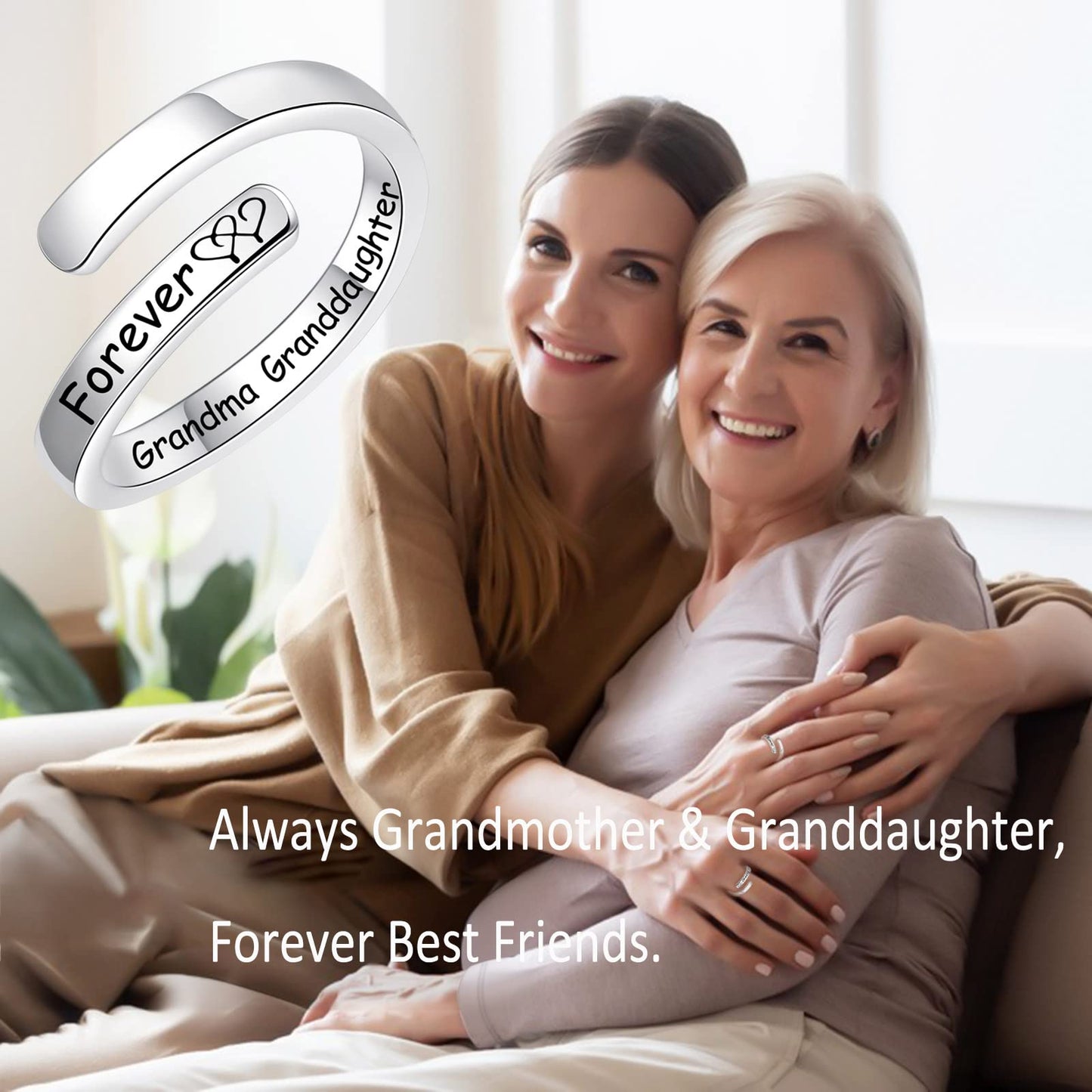 Silver Adjustable Ring Inspirational Jewelry S925 Sterling Wrap Open Ring for Women(Grandma&Granddaughter)