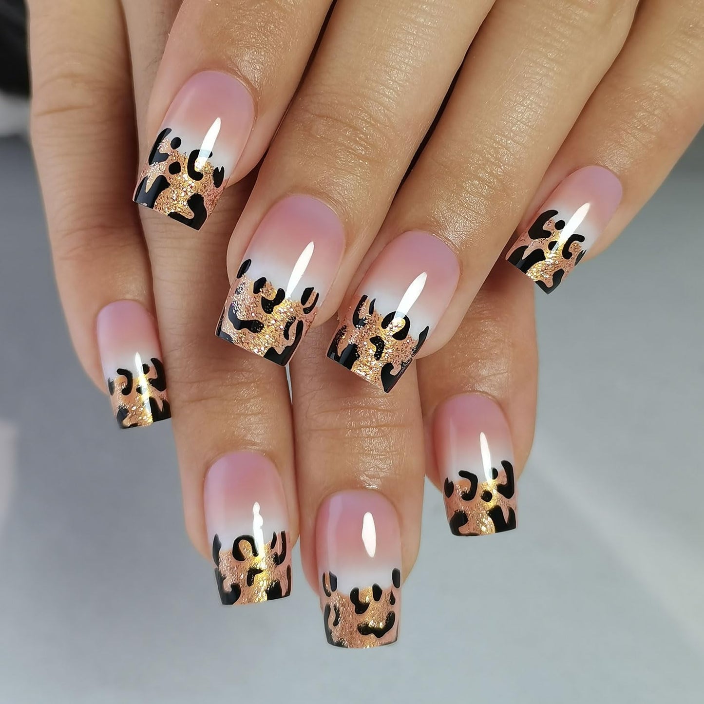 CurvLife Soft Gel Press on Nails Square Fake Nails with Design Full Cover False Nails for Women Reusable Nail Kit with Nail Glue Adhesive Tabs Nail File (leopard print, Long)