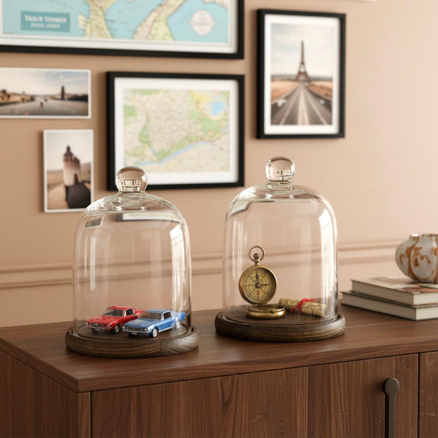 MyGift Clear Cloche Glass Dome, Display Bell Jar with Top Handle and Rustic Brown Solid Wood Base, Set of 2