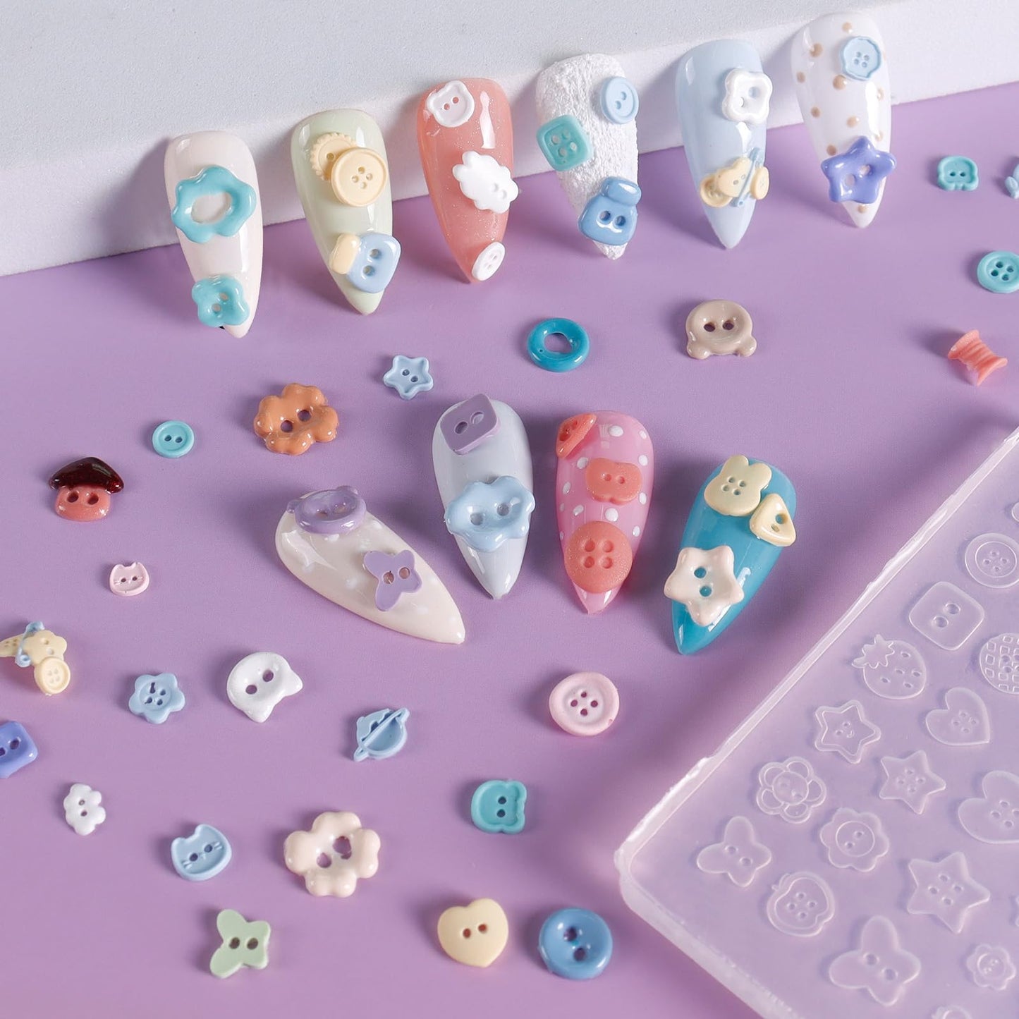 Laza 4pcs Button Silicone Nail Art Molds, 3D Multiple Shapes Embossed Button Nail Charms Nails Accessories with Carving Pen Resin Nail Art Mold Manicure Tools for Manicures Design