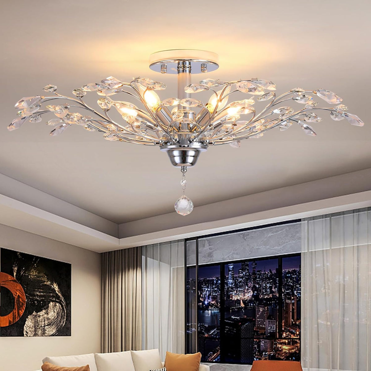 Ganeed Frozen Crystal Branch Close to Ceiling Light Chrome Silvery Vintage Chandelier with 5-Light Heads, Modern K9 Crystal Chandelier for Dining Room Living Room Bedroom Kitchen Over Table
